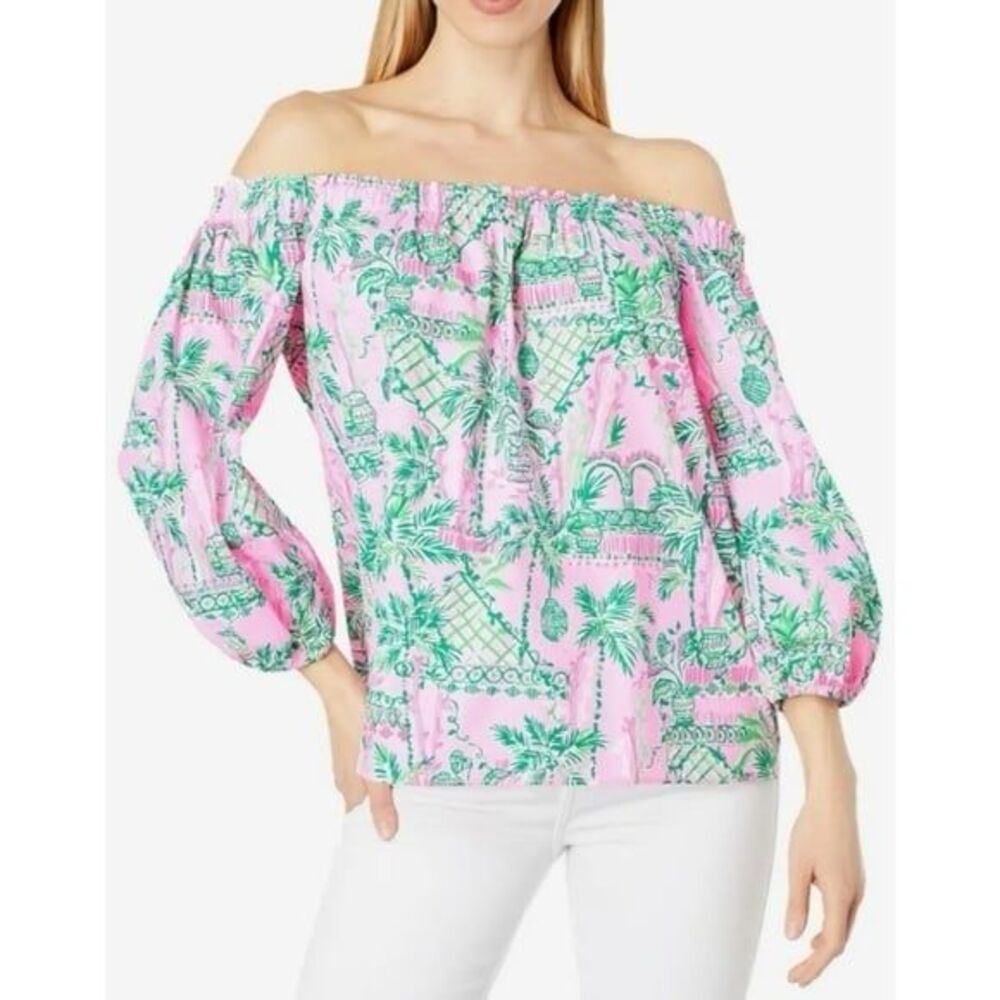 Lilly Pulitzer Winifred off shoulder puff long sleeve top in Mandevilla Size XS